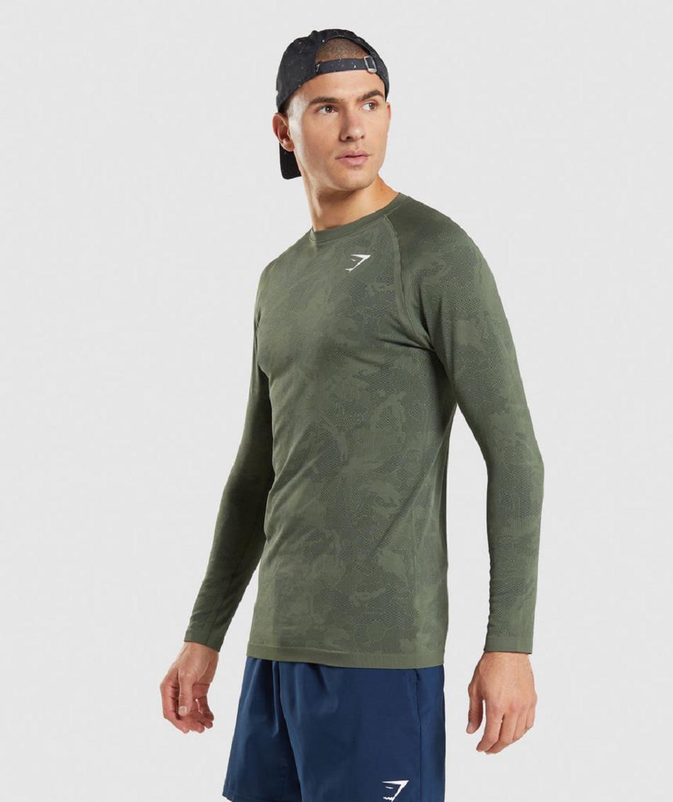 Long Sleeve Gymshark Geo Seamless Hombre Verde Oliva Negras | CO 3503UZG